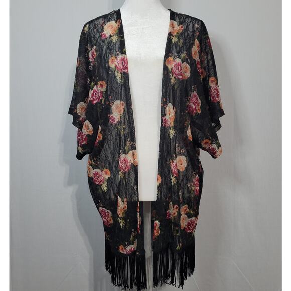 Wet Seal floral lace fringe hem open front kimono size M black festival boho - Picture 1 of 6